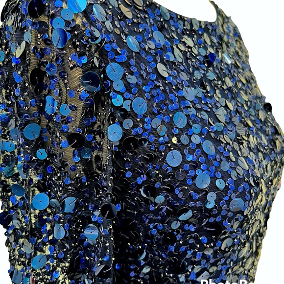 AIDAN MATTOX ROYAL BLUE BATEAU NECK LONG SLEEVE SEQUINED COCKTAIL DRESS - Picture 5 of 15